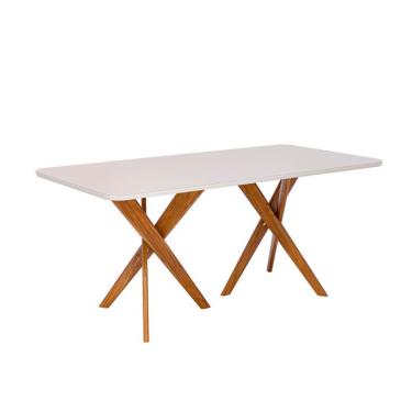 Imagem de Mesa de Jantar Retangular com Tampo de Vidro Cacau Off White e Madeira 180 cm