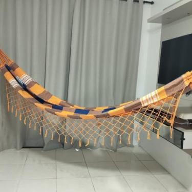 Imagem de Rede de Descanso Casal Pernambucana Artesanal 100% Algodão Reforçada com Renda em Macramê – Rede de Dormir Confortável para Varanda e Jardim(XADREZ LARANJA COM AZUL ESCURO)