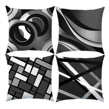 Imagem de BEWQ Capas de almofada geométricas abstratas, 45,7 x 45,7 cm, conjunto de 4 capas de almofada decorativas quadradas modernas, pretas, brancas e cinza, geometria externa, para decoração de sofá de casa