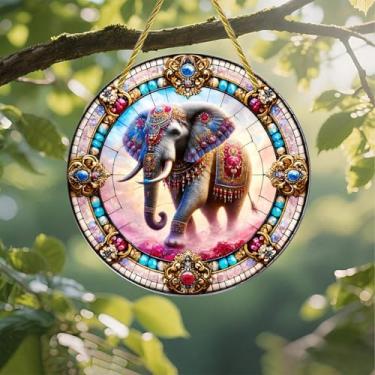 Imagem de Acrílico colorido, mosaico ornamentado de joia de elefante, decoração de parede de janela suspensa de 18 cm, design de estilo vitral impresso, ideia de presente e ornamento de jardim, uso interno e