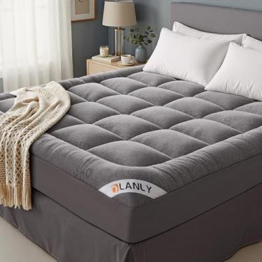 Imagem de OLANLY Cobertura de colchão King – Parte superior de almofada refrescante de viscose feita de bambu, cobertura de cama de pelúcia com design acolchoado respirável, colchão king macio para alívio da