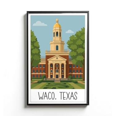 Imagem de LCGifts Pôster Waco Texas - Ilustração de marco histórico - Arte da arquitetura central do Texas - Decoração de parede patriótica vintage - Design de pôster de viagem retrô