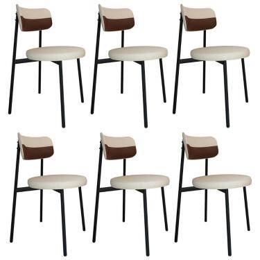 Imagem de Cadeira De Jantar Estofada Kit 6 Nyka M25 Linho Areia/marrom - Mpozenato
