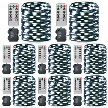 Imagem de Glooglitter Pacote com 8 luzes de corda operadas por bateria de 5 metros, 50 LEDs com temporizador automático, fio de cobre verde escuro cintilante para decoração de guirlanda de árvores de Natal em