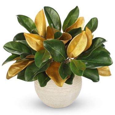 Imagem de Briful Pacote com 2 hastes de folhas de magnólia sintética verde e dourada, ramos de magnólia artificial, vegetação de seda para decoração de Natal, casa, escritório, vaso floral, vaso não incluído