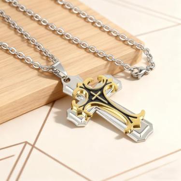 Imagem de Colar masculino com cruz de camada dupla, dois tons, pingente de cruz, vintage, colares de aço inoxidável, presentes religiosos, One Size, Aço inoxidável, Sem Pedra Preciosa