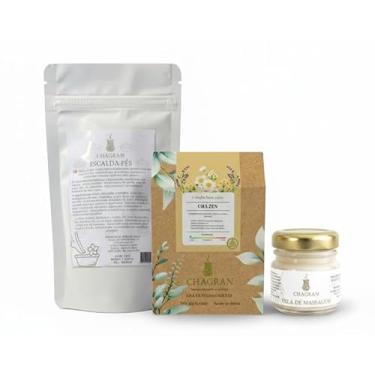 Imagem de Kit spa Chagran - Chá Zen 15g (camomila, alfazema, funcho, valeriana) + Vela de massagem 40g (cera, óleo e manteiga vegatais, óleo essencial) + Escalda-pés 150g (Sal marinho, bicarbanato de sódio, sal Epsom, argila, óleo vegetal, óleo essencial e erva desidratada) - bem-estar, cuidado, relaxamento