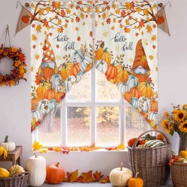 Imagem de Cortina de Ação de Graças, Quinta Outono Laranja Gnomo Abóbora Folha de Bordo Sanefas de Cozinha Cortinas de Bolso de Haste de Outono Par Topper Swag, Rerto 2 Painéis Tratamento de Janela para