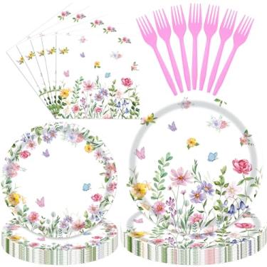 Imagem de Conjunto de 96 peças de talheres florais de primavera – Pratos descartáveis de flores silvestres e borboletas, guardanapos e garfos rosa para festas no jardim, chás de bebê, aniversários e celebrações