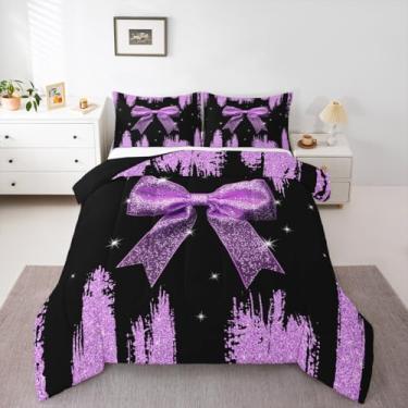 Imagem de Erosebridal Conjunto de edredom casal de nó de orquídea, princesa sonhadora cintilante, com laço, céu estrelado, kawaii com glitter, edredom fofo para meninas adolescentes
