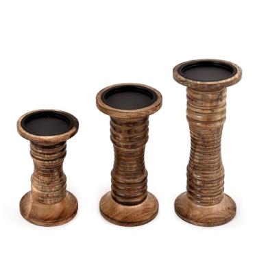 Imagem de Hanol Conjunto de 3 castiçais de madeira de manga com acabamento de madeira natural para manto, mesa ou estilo de interior rústico para entrada, sala de estar ou eventos