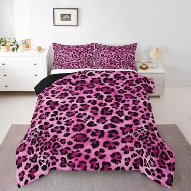 Imagem de Feelyou Conjunto de edredom de leopardo, tamanho Queen, guepardo, para meninos e adolescentes, rosa choque, estampa animal, safári, respirável, conjunto de edredom de zebra