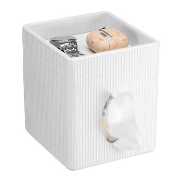 Imagem de Capa quadrada de couro PU com bandeja de armazenamento, capa de caixa de lenços elegante, cubo decorativo à prova d'água, dispensador de lenços faciais para banheiro, quarto, escritório (branco)