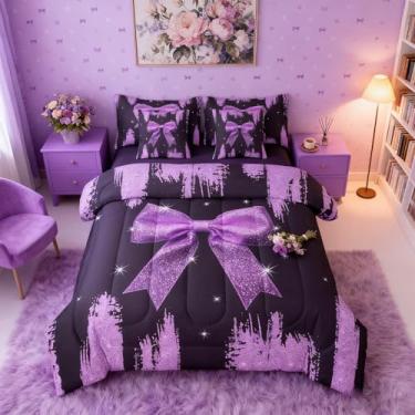 Imagem de Erosebridal Conjunto de edredom solteiro com nó de orquídea, 7 peças em uma bolsa, princesa sonhadora cintilante, laço, céu estrelado, conjunto de lençol e edredom com laço kawaii, com glitter