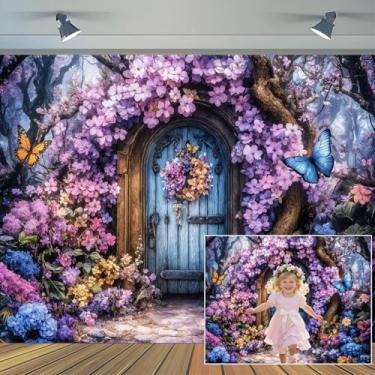 Imagem de 2,1 x 1,5 m Encantado País das Maravilhas Pano de fundo roxo mágico jardim borboleta flor princesa porta de madeira fundo menina aniversário casamento noiva chá de bebê decoração de festa adereços de