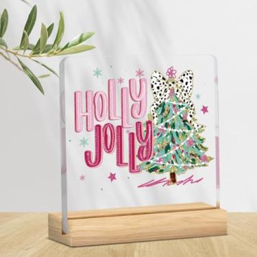 Imagem de Placa de decoração de árvore de Natal rosa, decorações de Natal para mesa de casa azevinho alegre laço rosa decoração de placa de acrílico para mesa de casa interna 10 x 10 cm