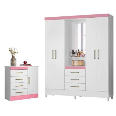 Imagem de Conjunto Quarto Guarda Roupa E Comoda Arezzo Branco Rosa