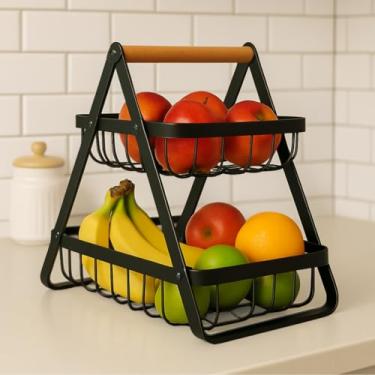 Imagem de Fruteira de Mesa 2 Andares Pequena – Organizador de Frutas e Legumes em Metal com Alça de Madeira – Fruteira Compacta para Cozinha Moderna – Branco ou Preto