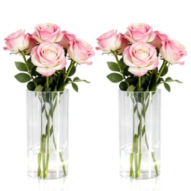 Imagem de 2 pacotes de vasos cilíndricos de acrílico vaso de flores de plástico transparente com nervuras para centros de mesa, decoração de casamento, decoração de casa, buquê de flores, 10 x 19,5 cm
