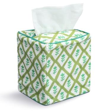 Imagem de Mimorou Capa de tecido com estampa de cor verde - Caixa de lenços com estampa floral e suporte de guardanapo quadrado decorativo feito à mão em algodão para casa, quarto, penteadeira, bancada