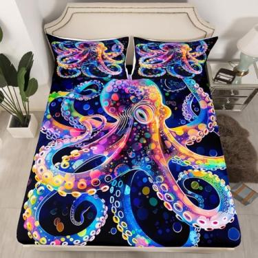 Imagem de jejeloiu Jogo de lençol Queen com tema oceano, polvo, tentáculos, preto e roxo