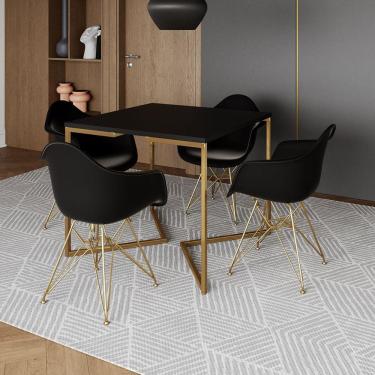 Imagem de Mesa Jantar Industrial Quadrada 90Cm Preta Base V Com 4 Poltronas Daw Pretas Base Doura Cor: Preto
