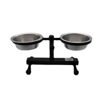 Imagem de Comedouro Duplo Elevado, Alumínio, Base Ajustável, 2 Bacias 300ml, Pintura Eletrostática Preta, Para Ração e Água de Cães