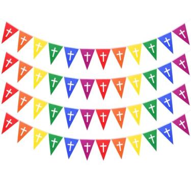 Imagem de Boao 4 peças de bandeira cristã com cruz cristã bandeira bandeira escola dominical arco-íris igreja bandeira guirlanda colorida decoração de fé para atividades de Cristo