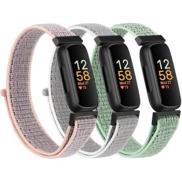 Imagem de Pacote com 3 pulseiras de nylon para Fitbit Inspire 3 para mulheres e homens, pulseiras de substituição de nylon ajustáveis para Fitbit Inspire 3 Fitness Tracker (rosa + cinza + verde)