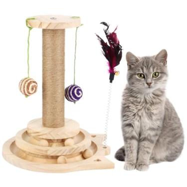 Imagem de Poste arranhador para gatos com bolas penduradas, brinquedo arranhador de sisal para gatinhos, brinquedo de madeira para gatos e gatinhos, brinquedo interativo para gatos com trilhos de duas camadas