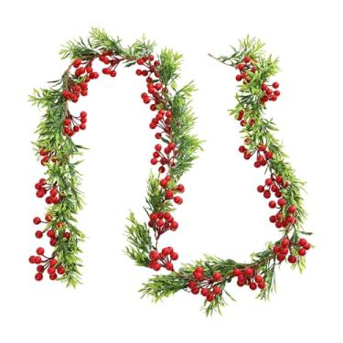 Imagem de Baoblaze Guirlanda artificial de Natal com frutos vermelhos e folhas verdes, ideal para pendurar na parede ou decorar lareiras. 1,95 m de altura.