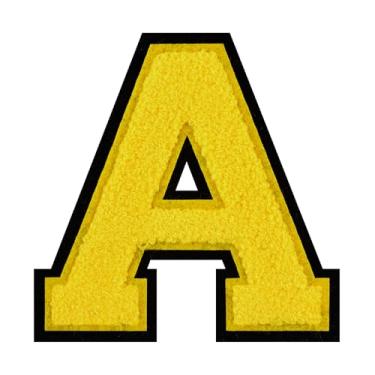 Imagem de 1 peça de patch amarelo de 11,4 cm de ferro em chenille com borda preta – adesivos do alfabeto para roupas, jaquetas, mochilas, chapéus para decoração personalizada, nome personalizado e artesanato