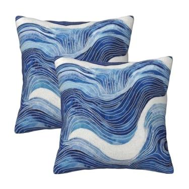 Imagem de Capas de almofada azul escuro azul marinho e branco onduladas 45,7 x 45,7 cm decorativas, modernas, abstratas, azul claro, branco, conjunto de 2 capas de almofada para área externa para sofá-cama