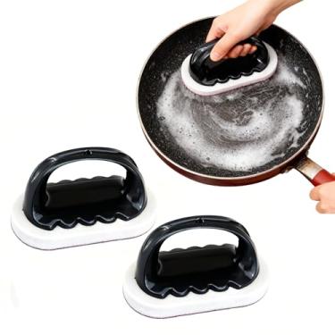 Imagem de Pacote com 2 esfregões de esmeril, escova de esponja com alça, escova mágica nano esmeril, almofada de limpeza para fundo de panelas