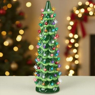 Imagem de Best Choice Products Árvore de Natal de cerâmica, decoração de férias de mesa pintada à mão pré-iluminada de 38 cm com lâmpadas multicoloridas, luzes LED – verde