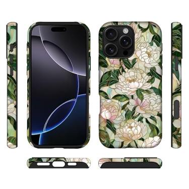 Imagem de ilikediy Capa híbrida para iPhone 16 Pro, 2 camadas, rígida, silicone, padrão de proteção - flores de peônia de vitral