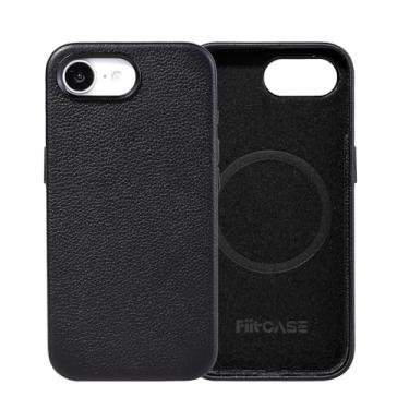 Imagem de FiitCASE Capa de couro compatível com iPhone 16e, compatível com carregamento magnético sem fio, ajuste fino, antiderrapante, capa protetora com botões de metal (6,1 polegadas) (preto)