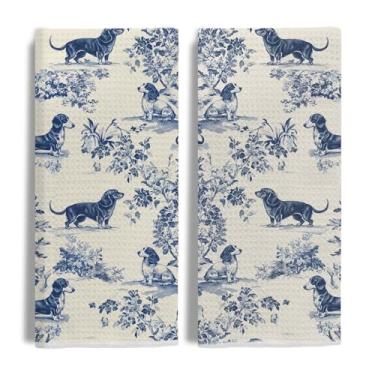 Imagem de Evcprz Chinoiserie Toalhas de cozinha Dachshund, toalha de chá floral azul e branca para cozinha, presentes para amantes de cães Wiener, toalhas de mão de salsicha Grandmillennial para banheiro, 40 x