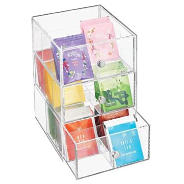 Imagem de mDesign Plastic Wide Kitchen Pantry, Cabinet, Countertop Organizer Storage Station with 3 Drawers for Coffee, Tea, Sugar Packets, Sweeteners, Creamers, Drink Pods, Packets; 18 Sections - Clear