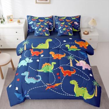 Imagem de Feelyou Conjunto de edredom de dinossauro de desenho animado com 7 peças, solteiro, fofo, azul marinho, dinossauro, para crianças, meninos, meninas, animais da selva, dinossauro, cama em uma bolsa