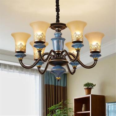 Imagem de Lustre de luxo europeu para sala de estar, estilo retrô americano, em cerâmica, para restaurante, quarto, escritório, hotel, casa de campo ou café, com luminária pendente de LED (E 6 lâmpada
