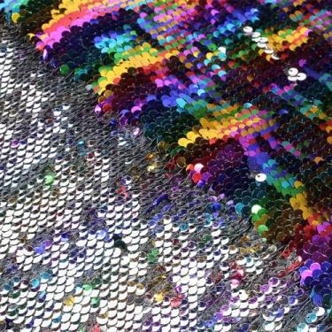 Imagem de VACVELT Tecido de lantejoulas flip by The Yard, 1 jarda de tecido de lantejoulas reversível, arco-íris + tecido prata glitter tecido de lantejoulas sereia brilhante para grafite, vestido de noiva,