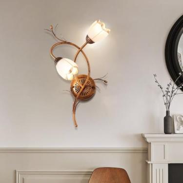 Imagem de Luminária de parede LED americana em formato de flor, estilo pastoral francês, criativa, para sala de estar, quarto, corredor, casa de campo (BA 2 lâmpadas)