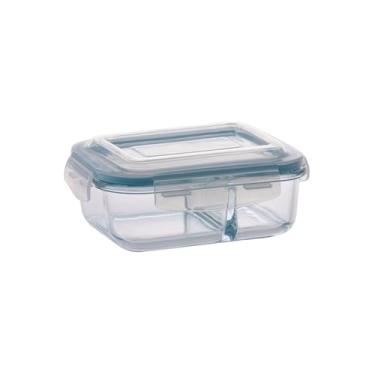 Imagem de Pote Retangular Hermético com Divisória, Vidro Borossilicato, 1520ml, Tampa Azul, Compatível com Micro-ondas e Freezer, 22x17x8cm
