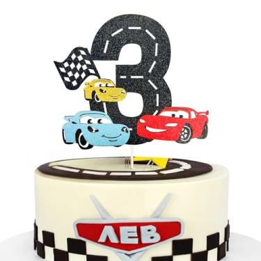 Imagem de MEMOVAN Race Car 3rd Cake Topper 3th Racing Car Birthday Cake Topper Decoration for Racing Car Checkered Flag Themed Girl Boy 3 Years Birthday Party Supplies Double Sided