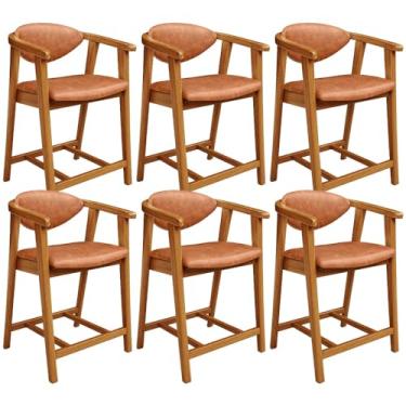 Imagem de Kit 06 Banquetas Baixa Cozinha Sala de Jantar Bancada Cecília L02 Couríssimo Camel - Lyam Decor