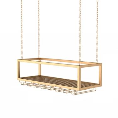 Imagem de Cremalheiras de vinho de bar criativas, prateleiras de vinho penduradas no teto, suporte de garrafa de vinho de metal montado no teto | com prateleira de armazenamento de taça de vidro Hampagne, ouro