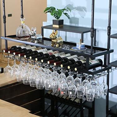Imagem de Prateleira de vinho com suporte de vidro, barra de teto de metal ajustável, rack de vinho e vidro montado na parede industrial, suporte de garrafa de ferro, rack de vinho/80 cm