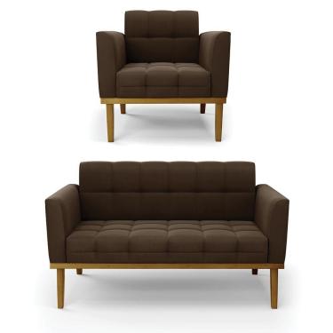 Imagem de Namoradeira Com Poltrona Base De Madeira Castanho Elisa Suede D03 - D\&#039rossi Cor Marrom