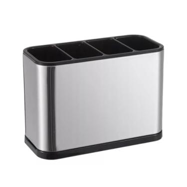 Imagem de Porta Talheres em Aço Inoxidável e Plástico, 4 Divisórias com Sistema de Drenagem, 18x13x8cm, Organizador para Bancada de Cozinha